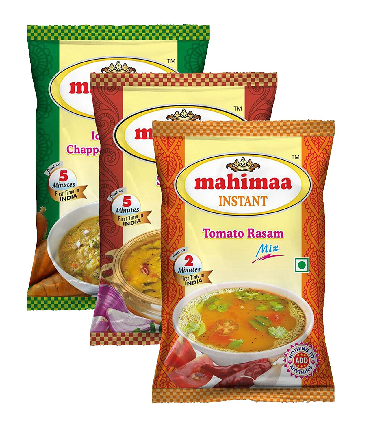 Mahimaa Instant Idly, Dosa, Chappathi, and Parotta Kuruma Mix, Tomato Rasam Mix, Sambar Mix, Size- 50g, Pack of 3