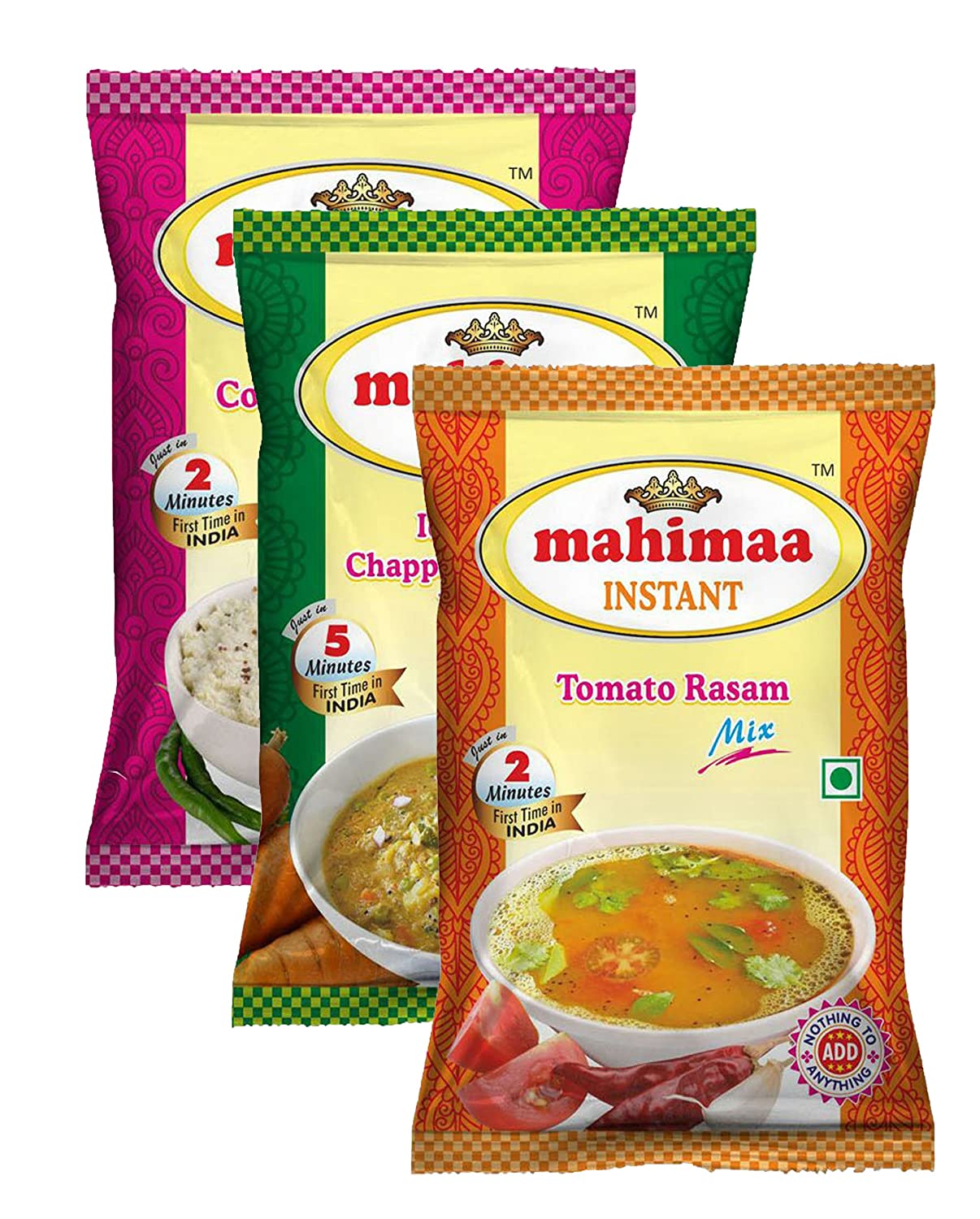 Mahimaa Instant Coconut Chutney Mix, Idly, Dosa, Chappathi, And Parotta Kuruma Mix, Tomato Rasam Mix, Size- 50G, Pack Of 3