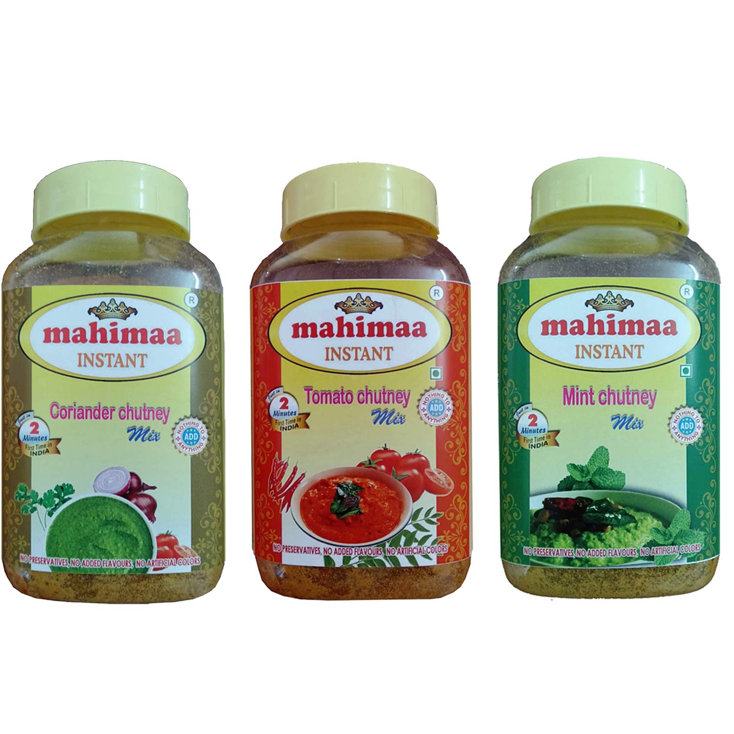 Mahimaa Instant Tasty Tomato Chutney,Mint Chutney, Coriander Chutney Mix(Size-200g)-Pack of 3