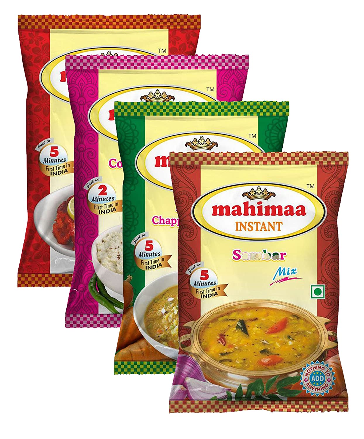 Mahimaa Instant Chilli 65 Mix, Coconut Chutney Mix,Idly, Dosa, Chappathi and Parotta Kuruma Mix and Sambar Mix, Size- 50g, Pack of 4