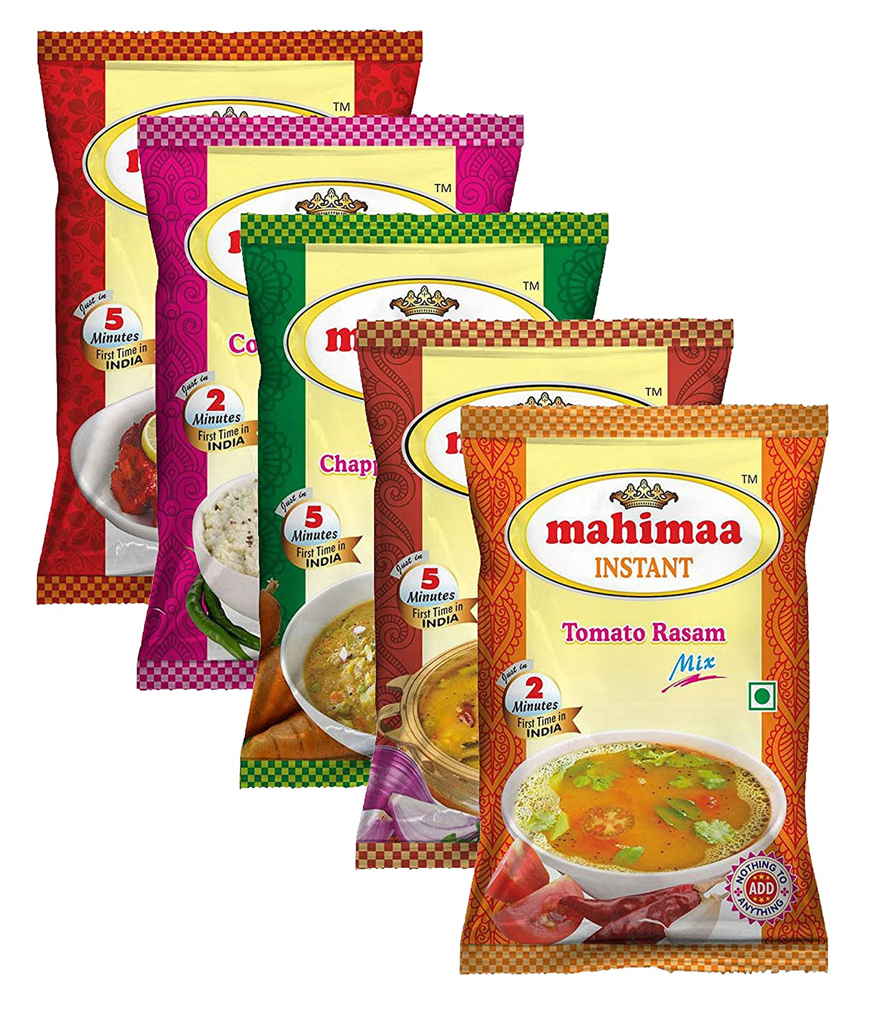 Mahimaa Instant Chilli 65 Mix, Coconut Chutney Mix,Idly, Dosa, Chappathi and Parotta Kuruma Mix and Sambar Mix, Tomato Rasam Mix, Size- 50g, Pack of 5